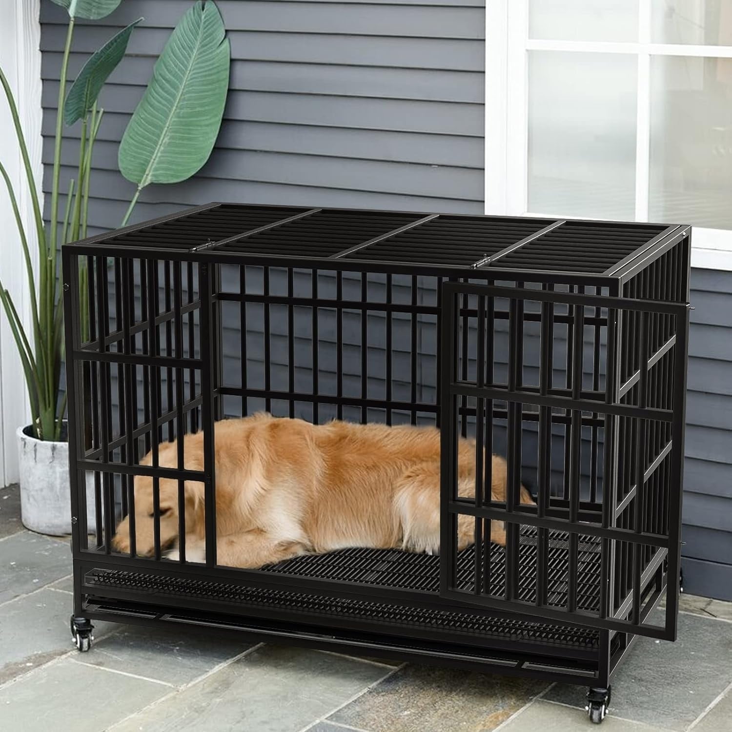 BOSSIN 48/38 inch Heavy Duty Indestructible Dog Crate, Escape Proof Dog Cage Kennel with Lockable Wheels