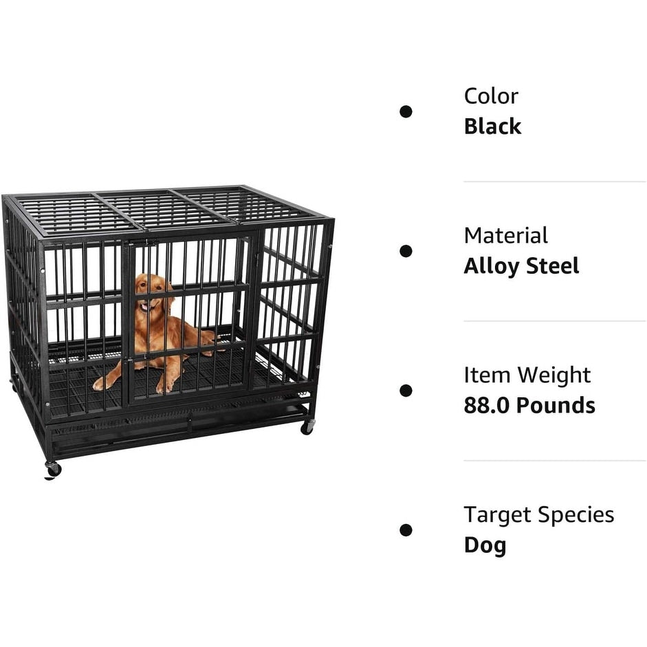 BOSSIN 48/38 inch Heavy Duty Indestructible Dog Crate, Escape Proof Dog Cage Kennel with Lockable Wheels