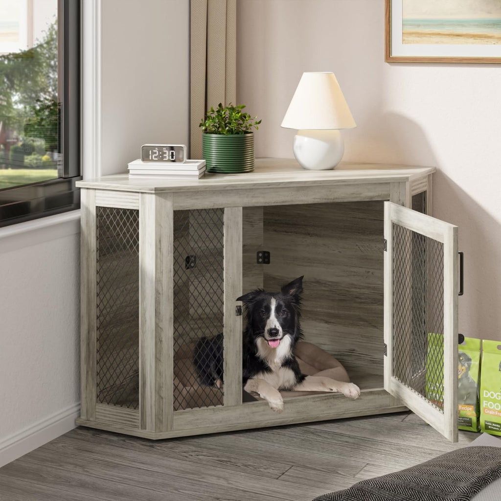 BOSSIN Corner Dog Crate Furniture,44/52 inch Wooden Dog Kennel Furniture with Mesh,Decorative Wood Dog House for Indoor use