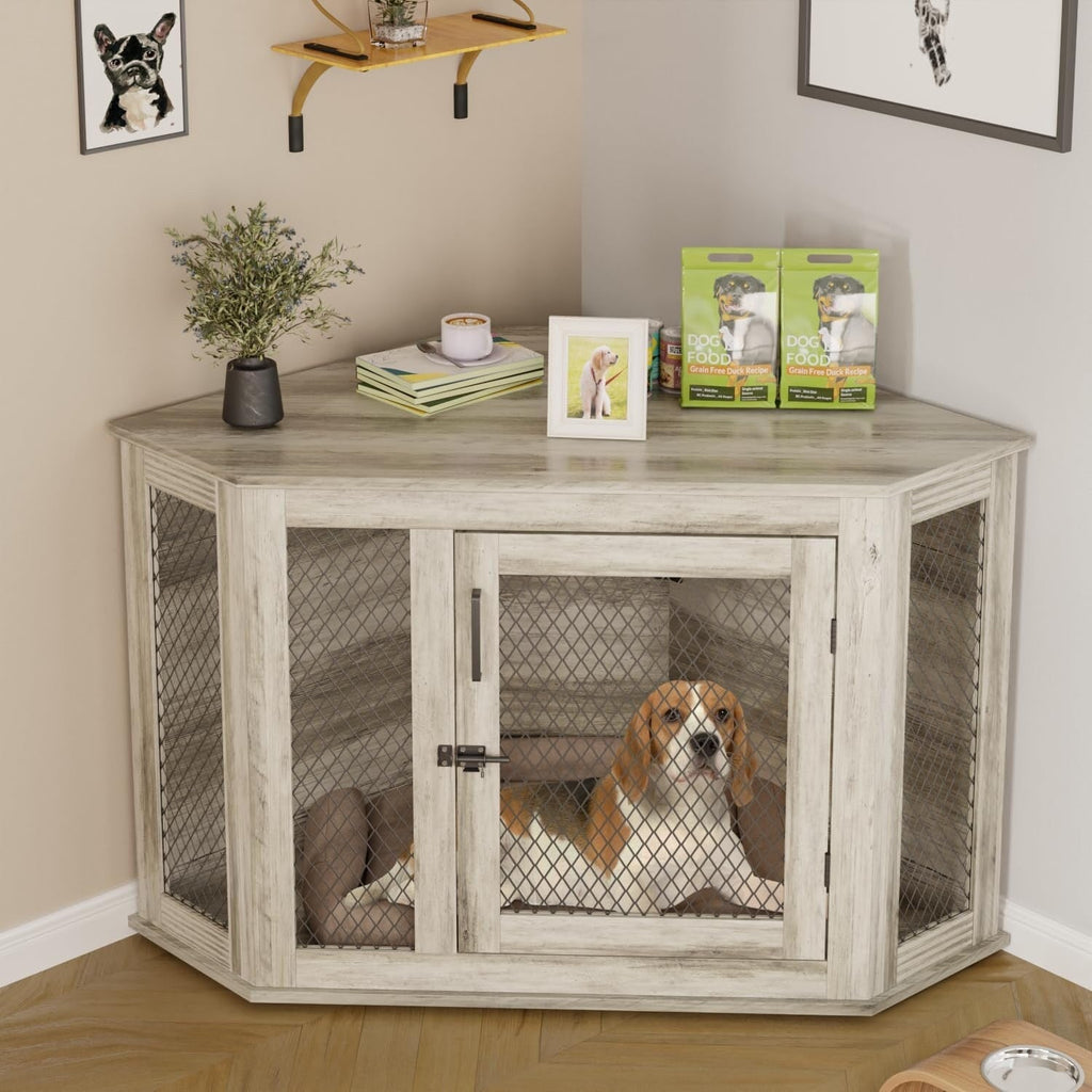 BOSSIN Corner Dog Crate Furniture,44/52 inch Wooden Dog Kennel Furniture with Mesh,Decorative Wood Dog House for Indoor use