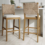 Beacon Bohemian Boucle Bar Stool, Upholstered Counter Height Chair with Solid Wood Frame and Woven Seagrass Back