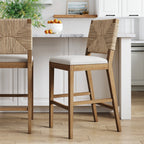 Beacon Bohemian Boucle Bar Stool, Upholstered Counter Height Chair with Solid Wood Frame and Woven Seagrass Back