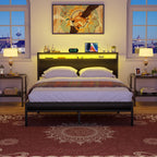 Farmhouse Wood Platform Bed Frame with Charged Station and LED Lights