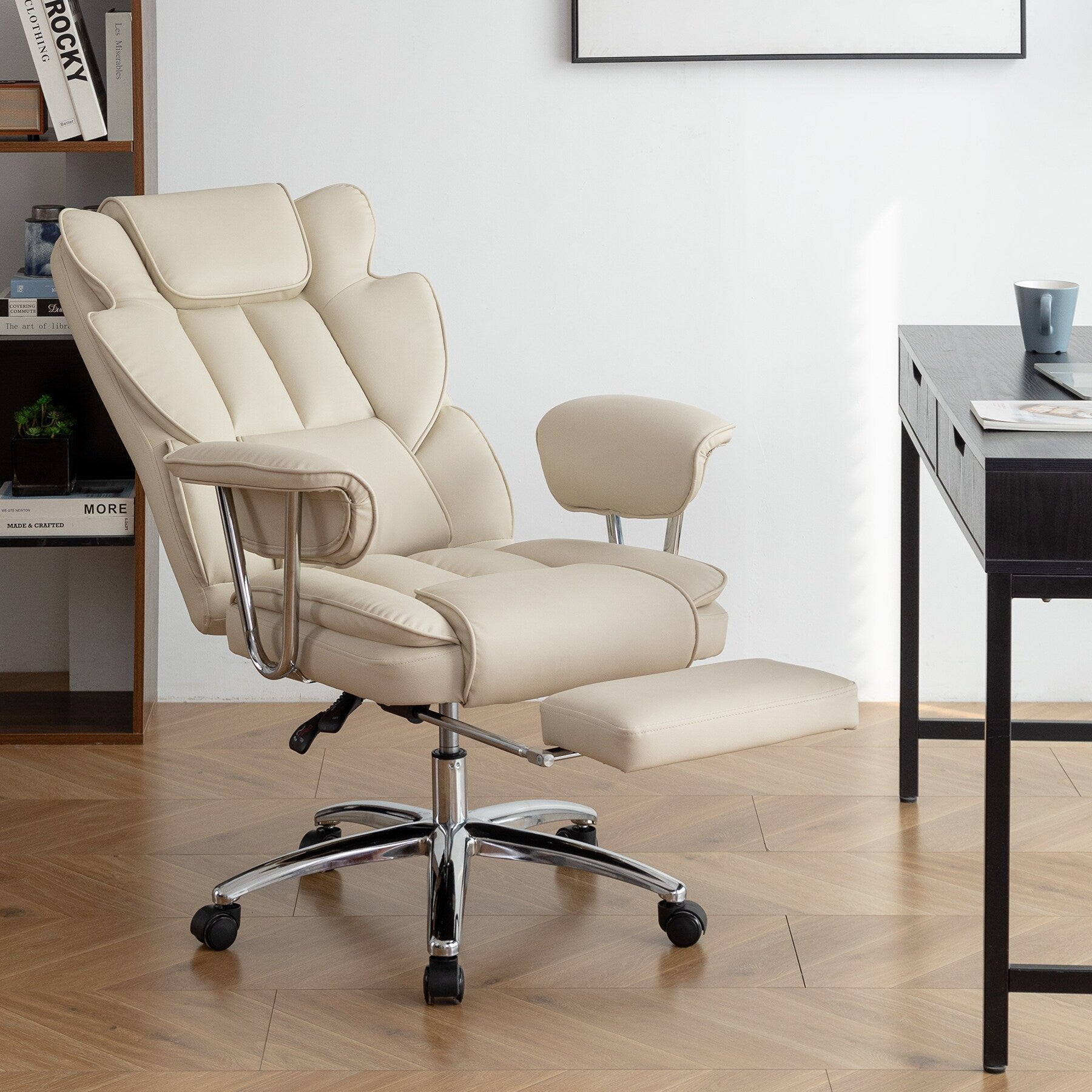 Beige Bonded Leather 360° Swivel Ergonomic High Back Office Recliner with Lumbar Support, Footrest, Adjustable Height