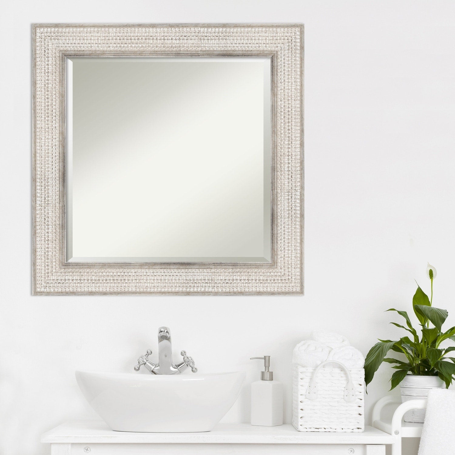 Beveled Wood Bathroom Wall Mirror - Trellis Silver Frame - Trellis Silver
