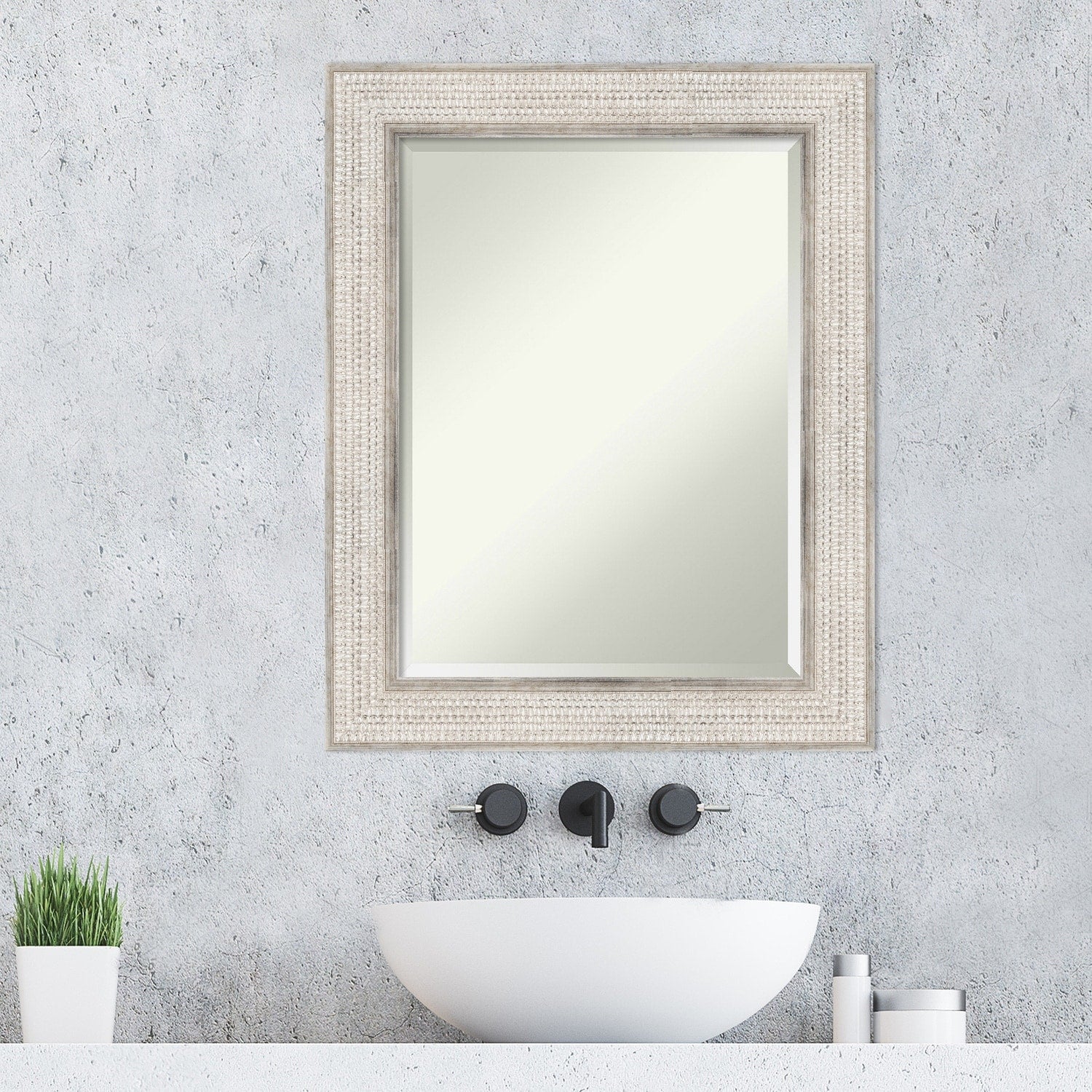 Beveled Wood Bathroom Wall Mirror - Trellis Silver Frame - Trellis Silver