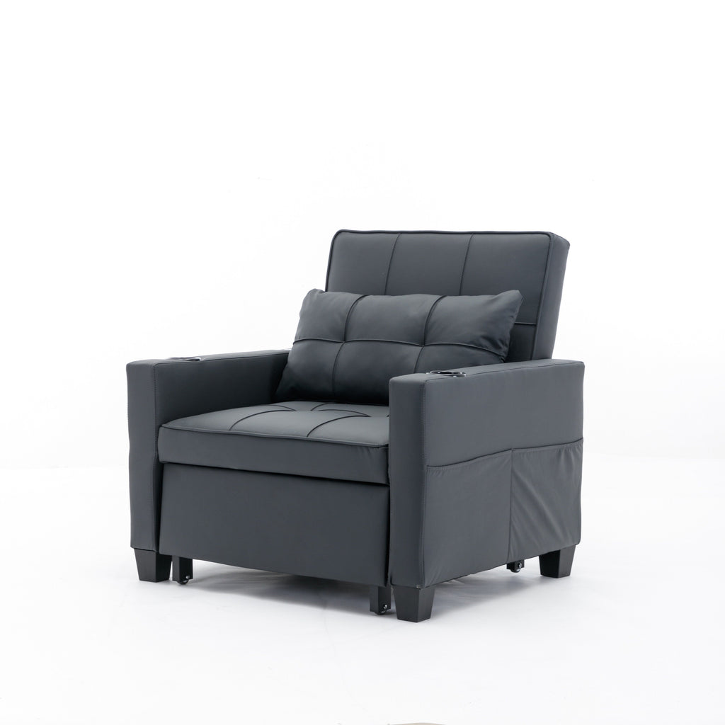 Black Faux Leather Convertible Sofa Bed with USB Ports