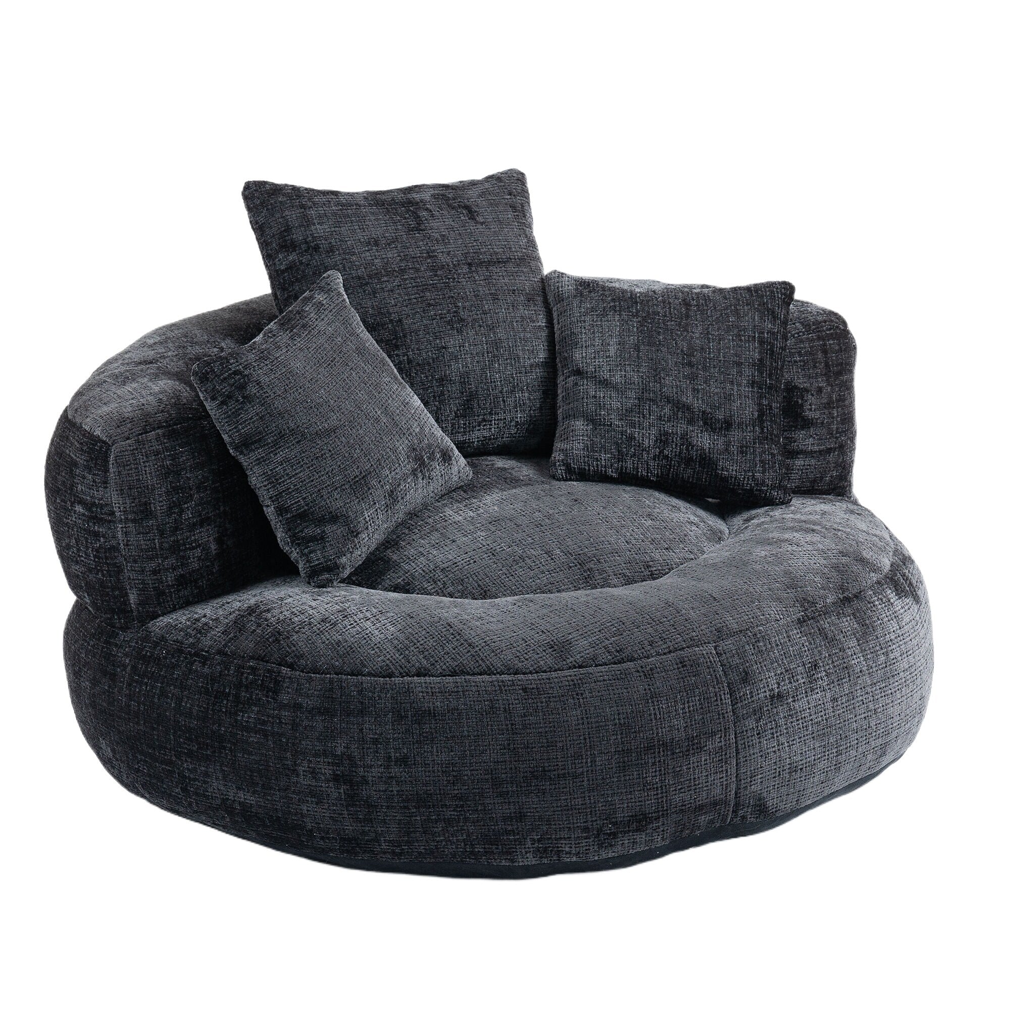 Black Oversized 42.52 Chenille Lazy Bean Bag Single Sofa with Three Pillows for Bedroom