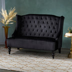 Black Velvet Button Tufted High Wingback Loveseat Sofa