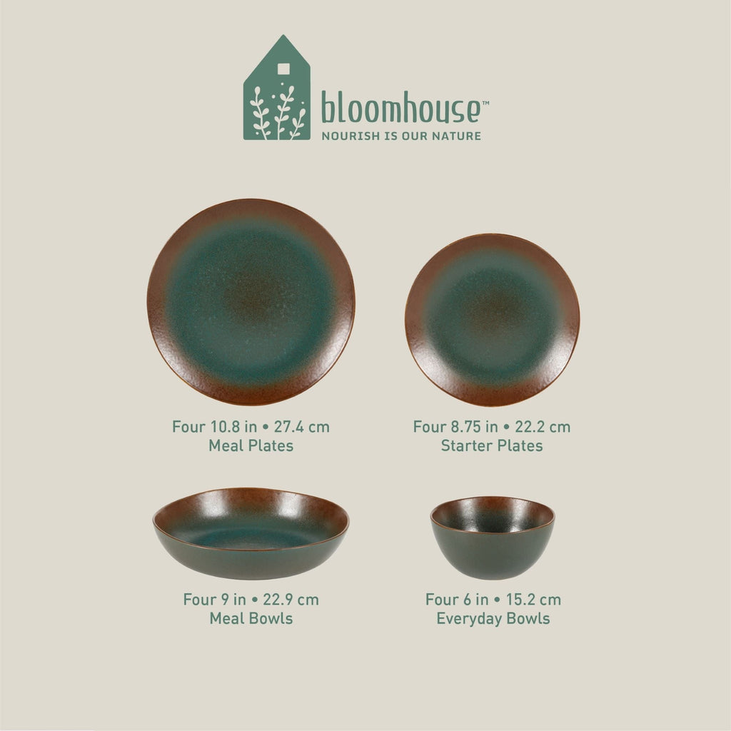 Bloomhouse Palermo Sun 16 Piece Double Bowl Stoneware Reactive Glaze Plates and Bowls Dinnerware Set