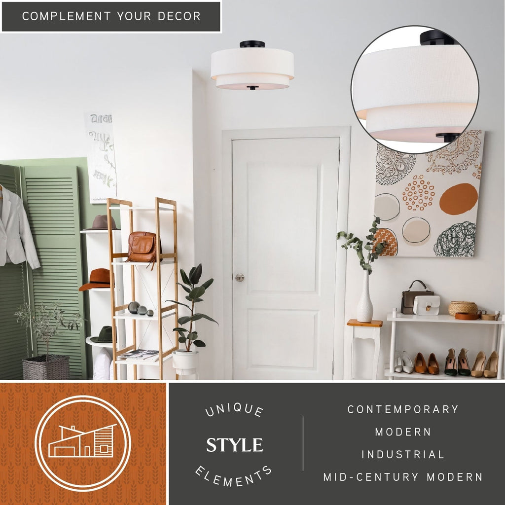 Burnaby Mid-Century Modern Ceiling Mount Light White Linen Drum Shade