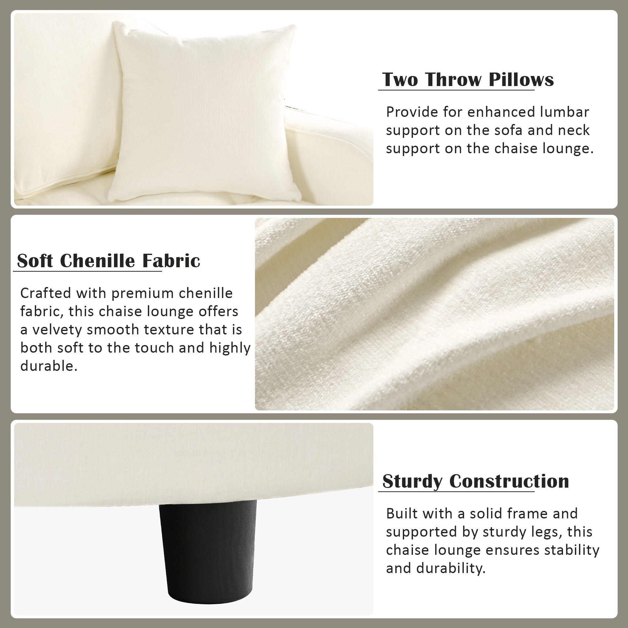 Chenille Chaise Lounge Sofa Bed, Upholstered Sofa Couch with Tufted Backrest and 2 Detachable Pillows for Living Room