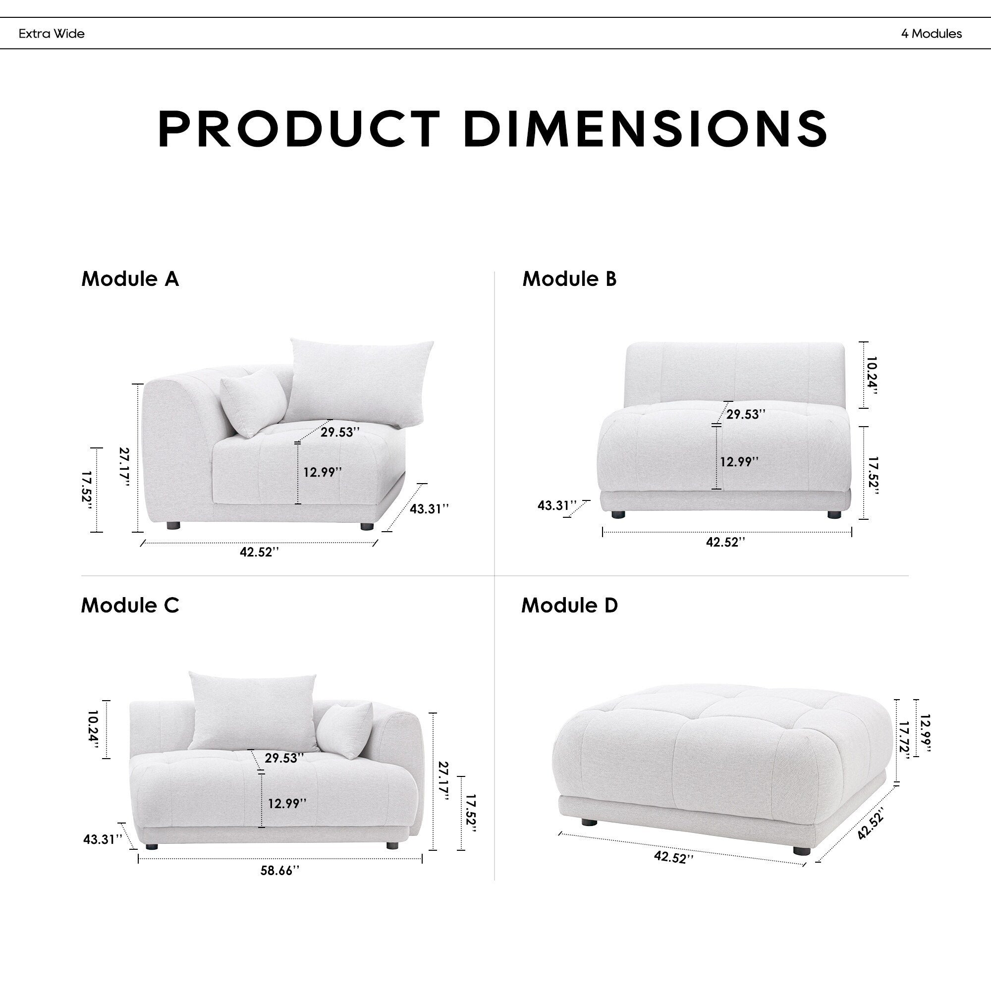 Cloud Modular Sofa Sectional 144 with Ottoman - Plush Chenille Fabric Living Room Couch