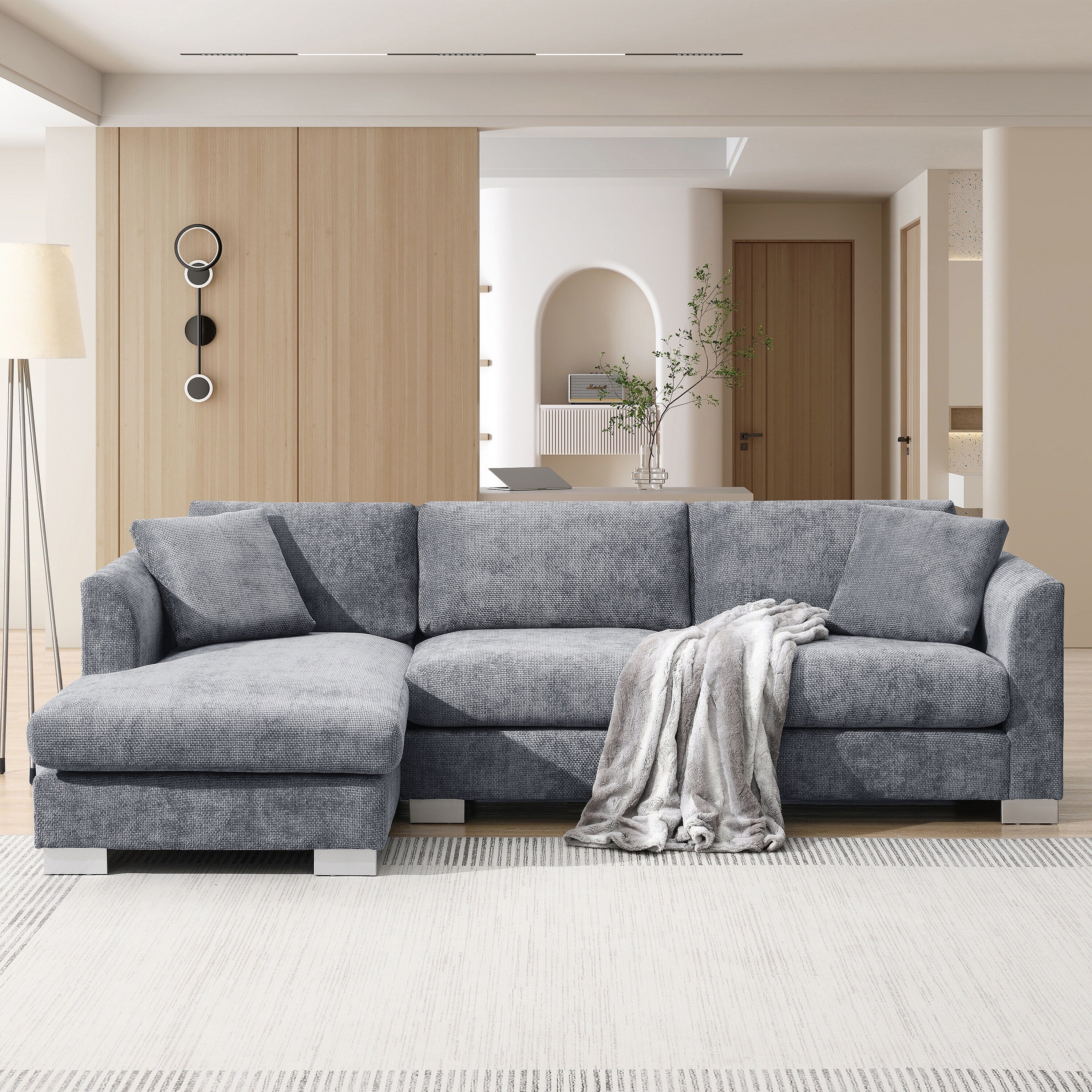 Cloud Sectional Sofa,L-Shaped Luxury Couch Set With 2 Free Pillows,4-Seat Chenille Indoor Furniture With Oversized Chaise