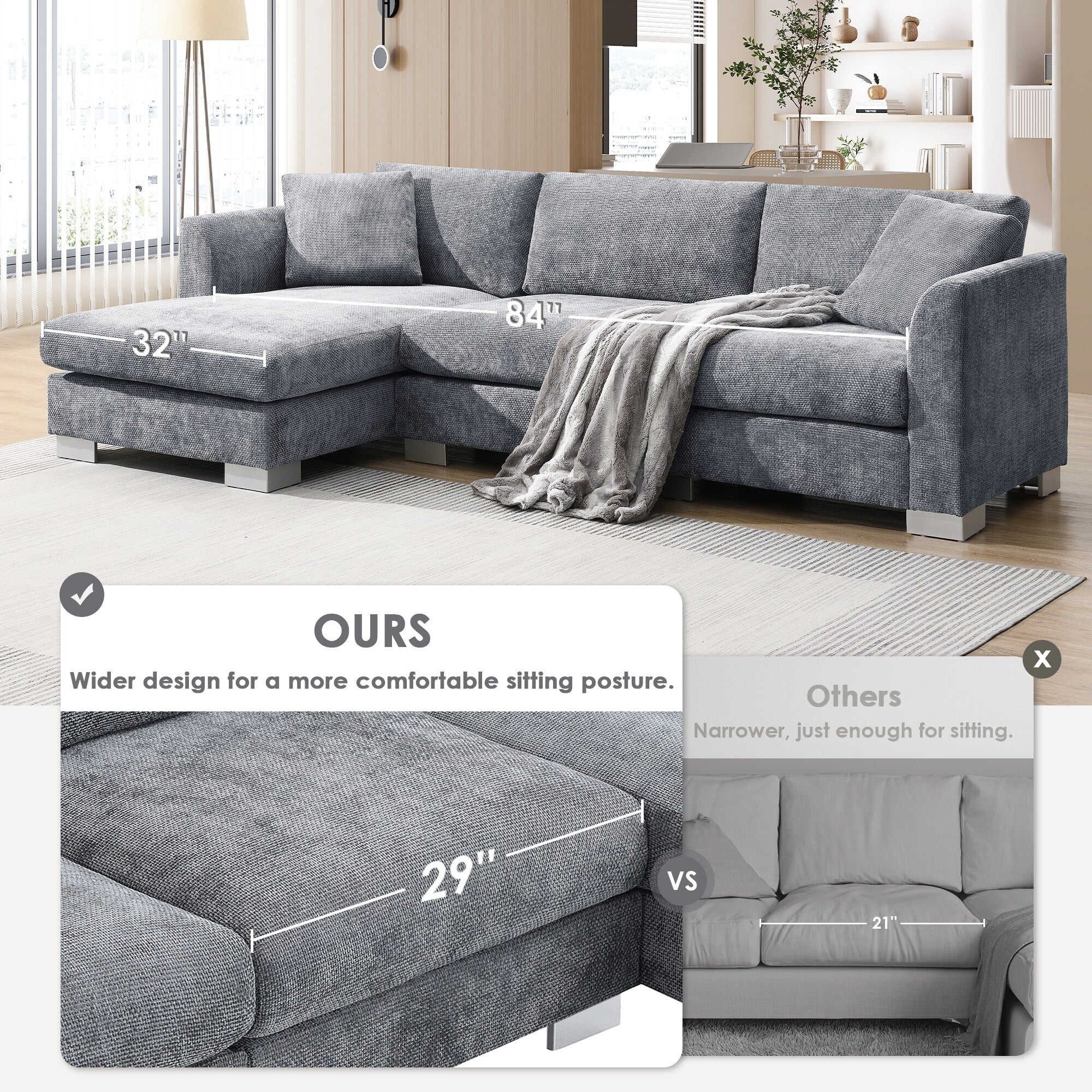 Cloud Sectional Sofa,L-Shaped Luxury Couch Set With 2 Free Pillows,4-Seat Chenille Indoor Furniture With Oversized Chaise
