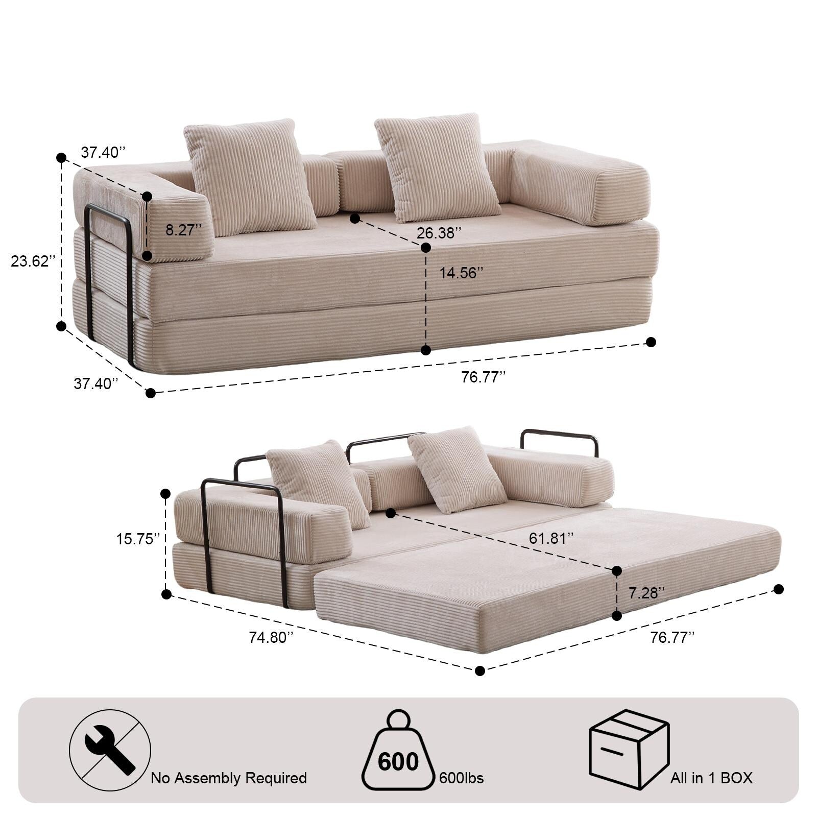 Convertible Floor Sofa Bed with Pillow Back Chenille Fabric for Living Room Bedroom