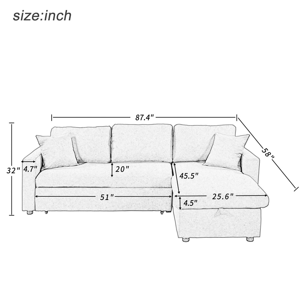 Convertible L-Shaped Sectional Sofa with Pull-Out Bed and Storage Space, 2 Tossing Cushions