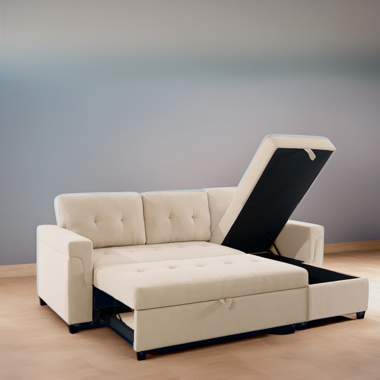 Convertible Reversible Sectional Sofa with Pull-Out Sleeper Bed, Hidden Storage Chaise, and Durable Legs