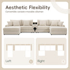 Corduroy Sectional Sofa with Bluetooth Speakers, USB Charger, Cup Holders, Storage, Ottoman, Deep and Wide Seat