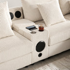 Corduroy Sectional Sofa with Bluetooth Speakers, USB Charger, Cup Holders, Storage, Ottoman, Deep and Wide Seat