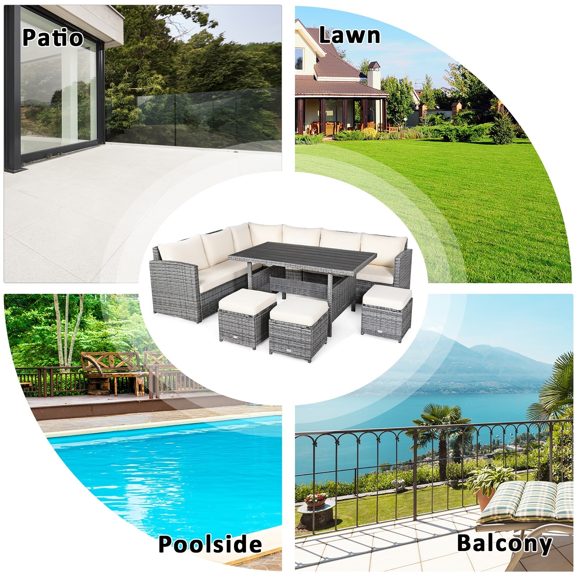 Costway 7 PCS Patio Rattan Dining Set Sectional Sofa Couch Ottoman - See Details