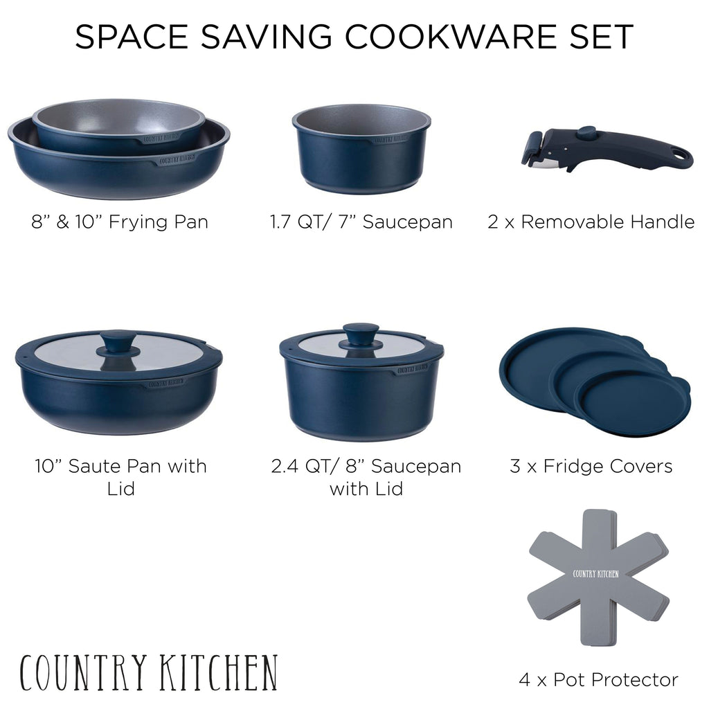 Country Kitchen 16 Piece RV Cookware Set Ceramic with Removable Handle Oven Safe