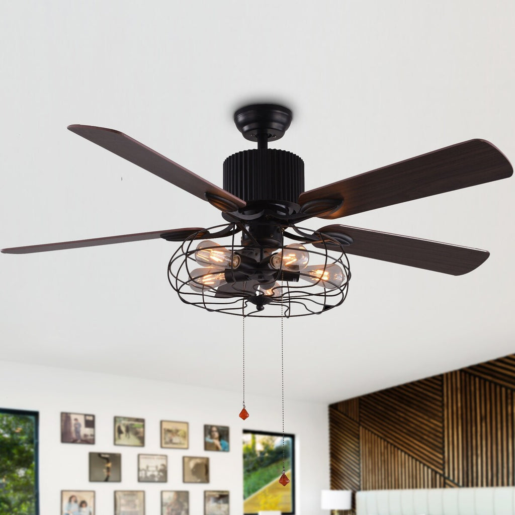 CurveCurio Farmhouse Industrial 5-Light Black Cage Ceiling Fan with Light, Remote Control and Pull Chain 42-48-52 inches