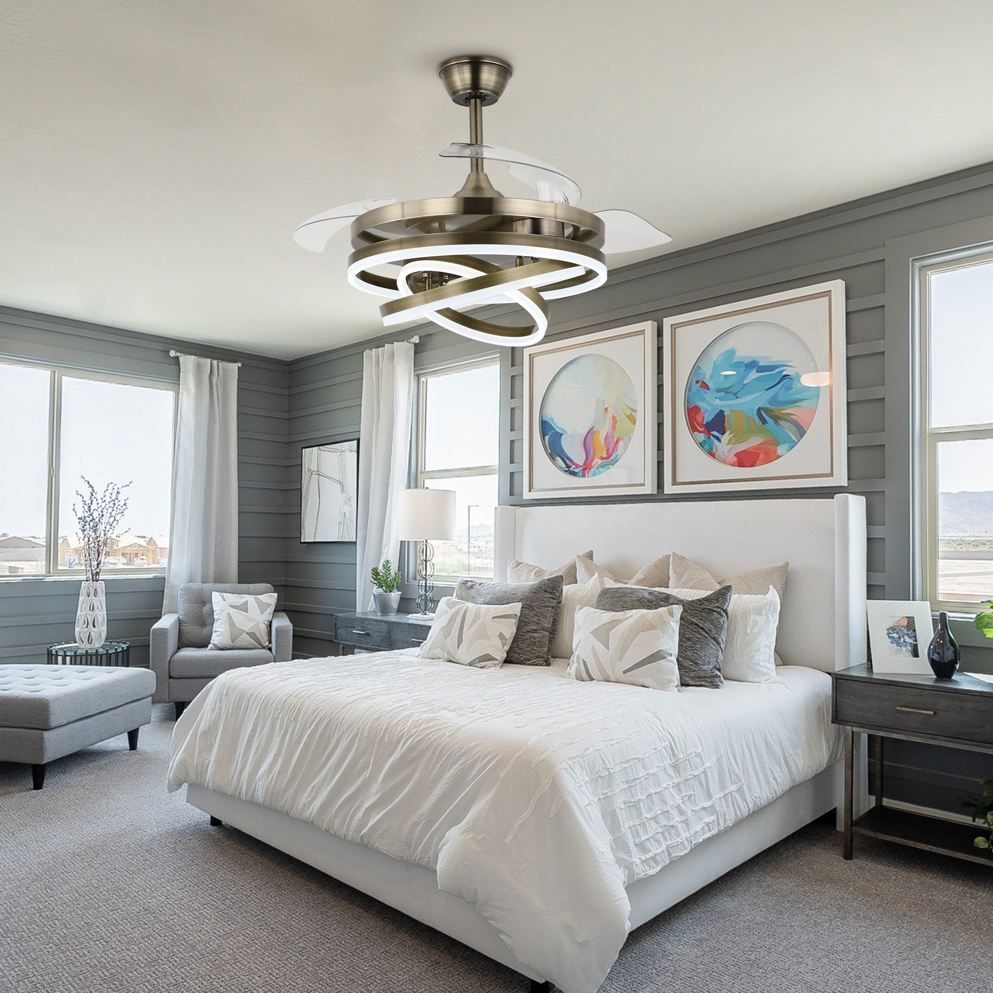 Cusp Barn 42 Retractable Ceiling Fan with Lights and Remote DIY Shape Fandelier Modern Silent DC Motor LED Ceiling Light