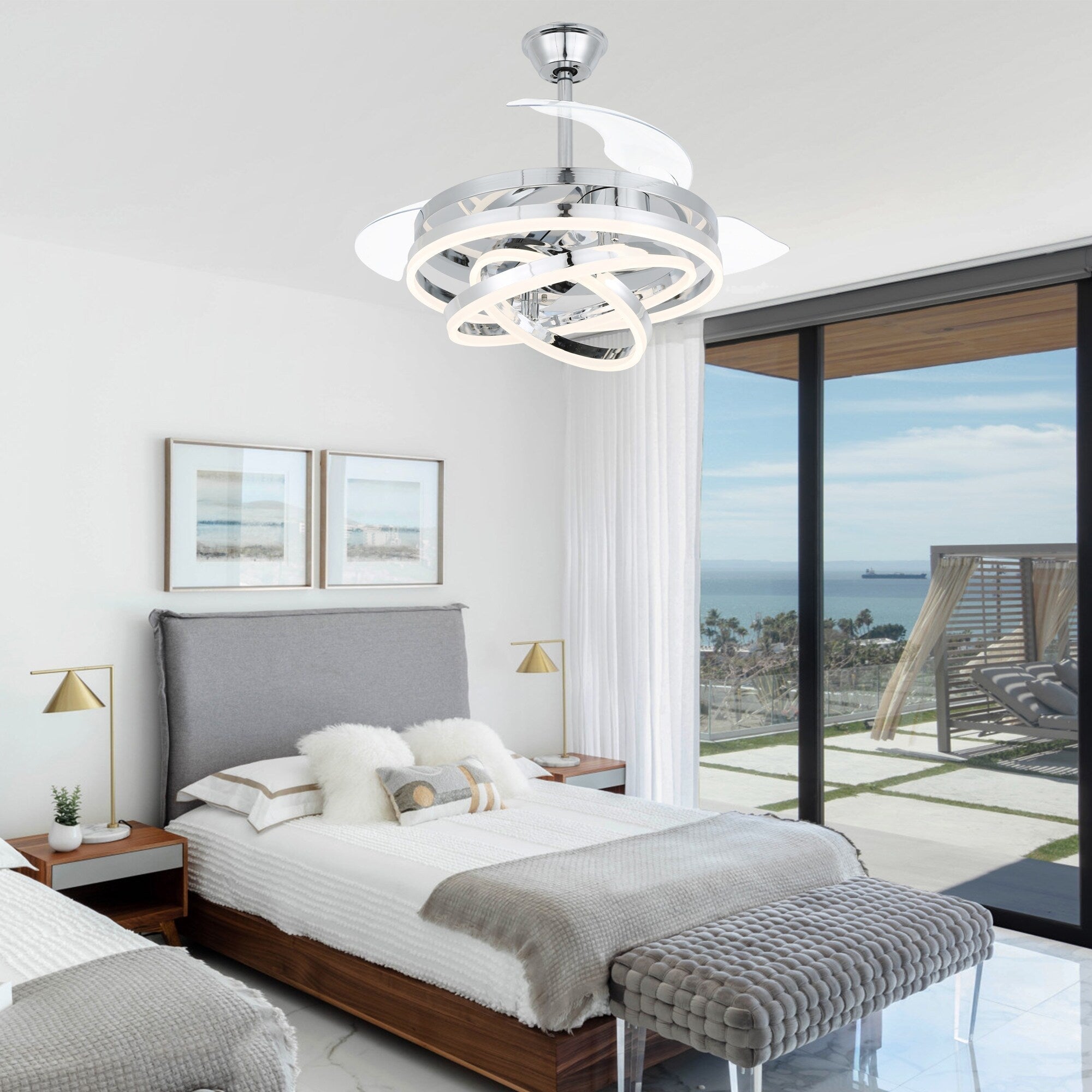 Cusp Barn 42 Retractable Ceiling Fan with Lights and Remote DIY Shape Fandelier Modern Silent DC Motor LED Ceiling Light