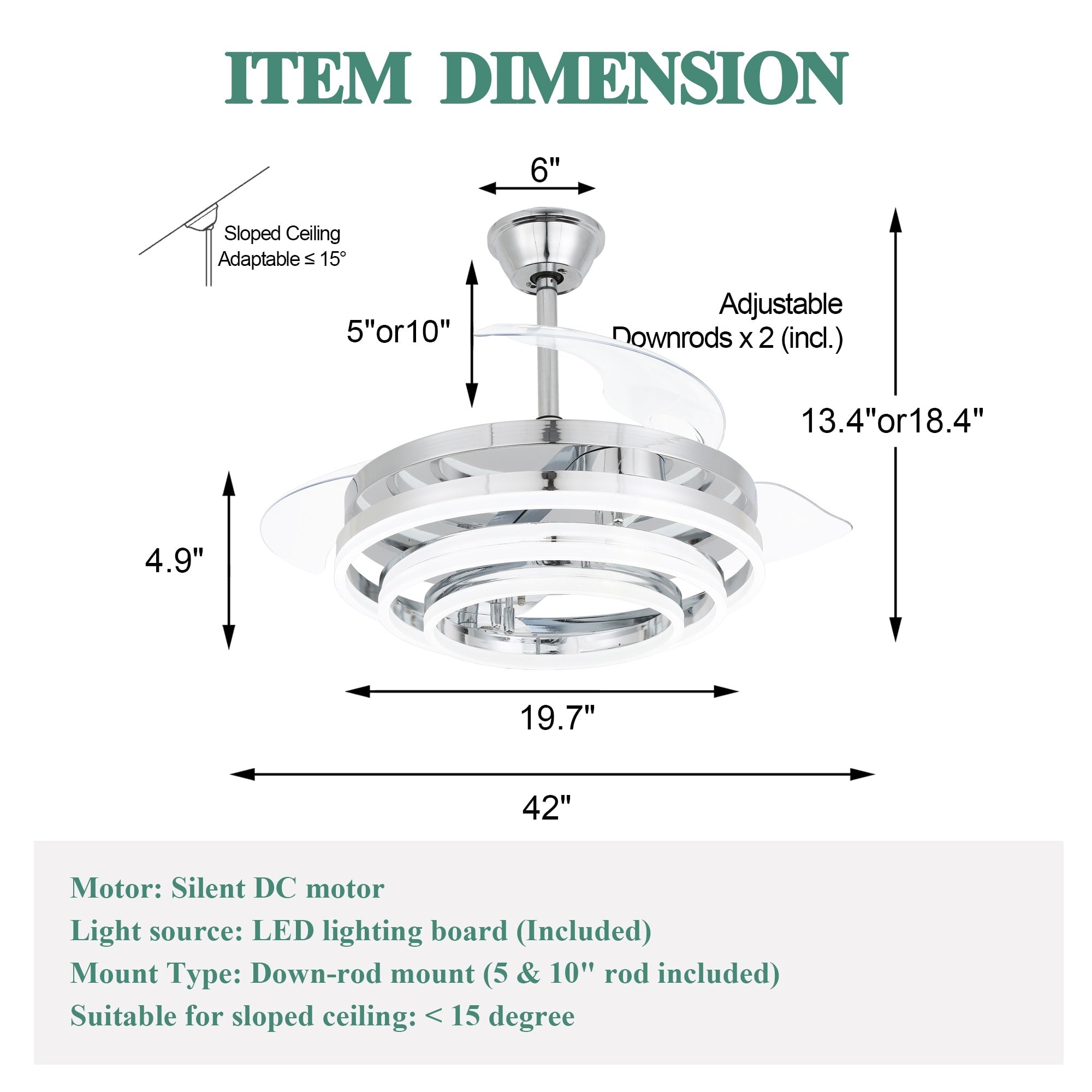 Cusp Barn 42 Retractable Ceiling Fan with Lights and Remote DIY Shape Fandelier Modern Silent DC Motor LED Ceiling Light