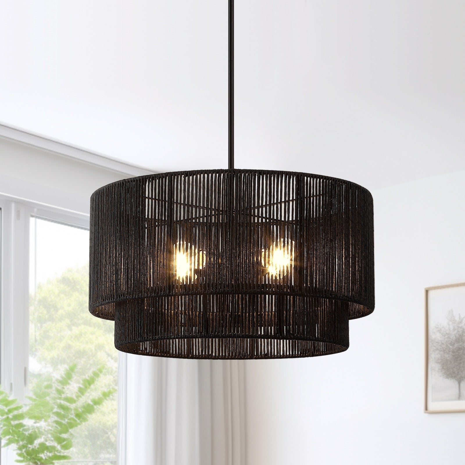 Cynthia 4-Light Black Rattan Drum Chandelier Light - 22''W