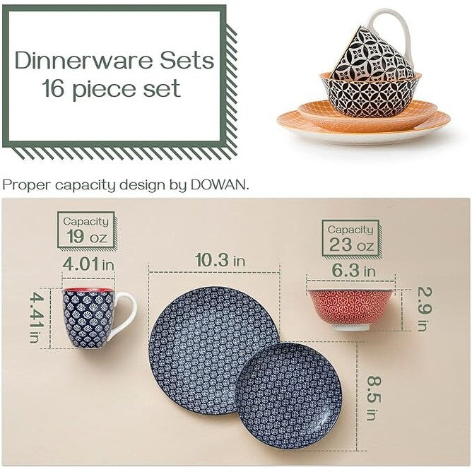 DOWAN Ceramic Dinnerware Set, 16 Pieces Dish Set for 4, Decorative Plates and Bowls Set