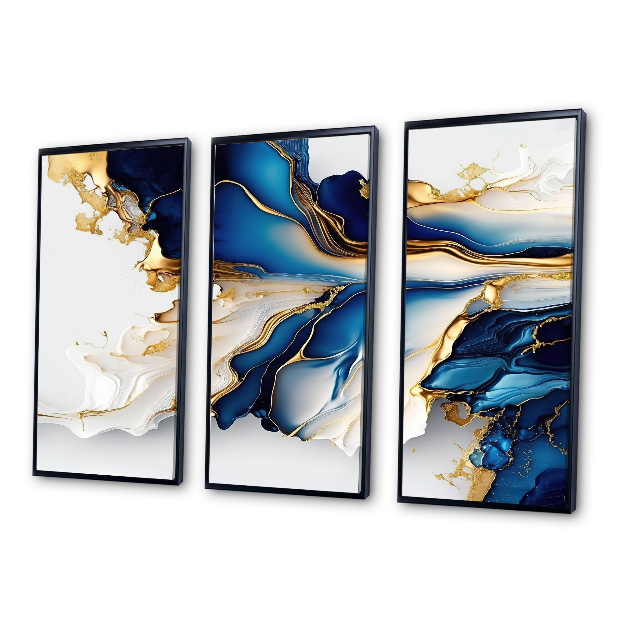 Designart Abstract Geode Gold And Blue Marble Shape III Modern Geometric Framed Canvas Art Print - 3 Panels