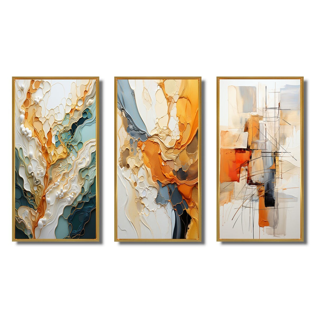 Designart Orange White Line Art Organic Abstraction Abstract Framed Wall Art Set Of 3 For Living Room Decor