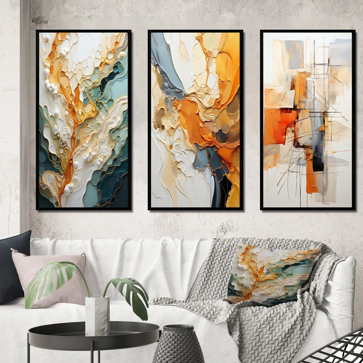 Designart Orange White Line Art Organic Abstraction Abstract Framed Wall Art Set Of 3 For Living Room Decor