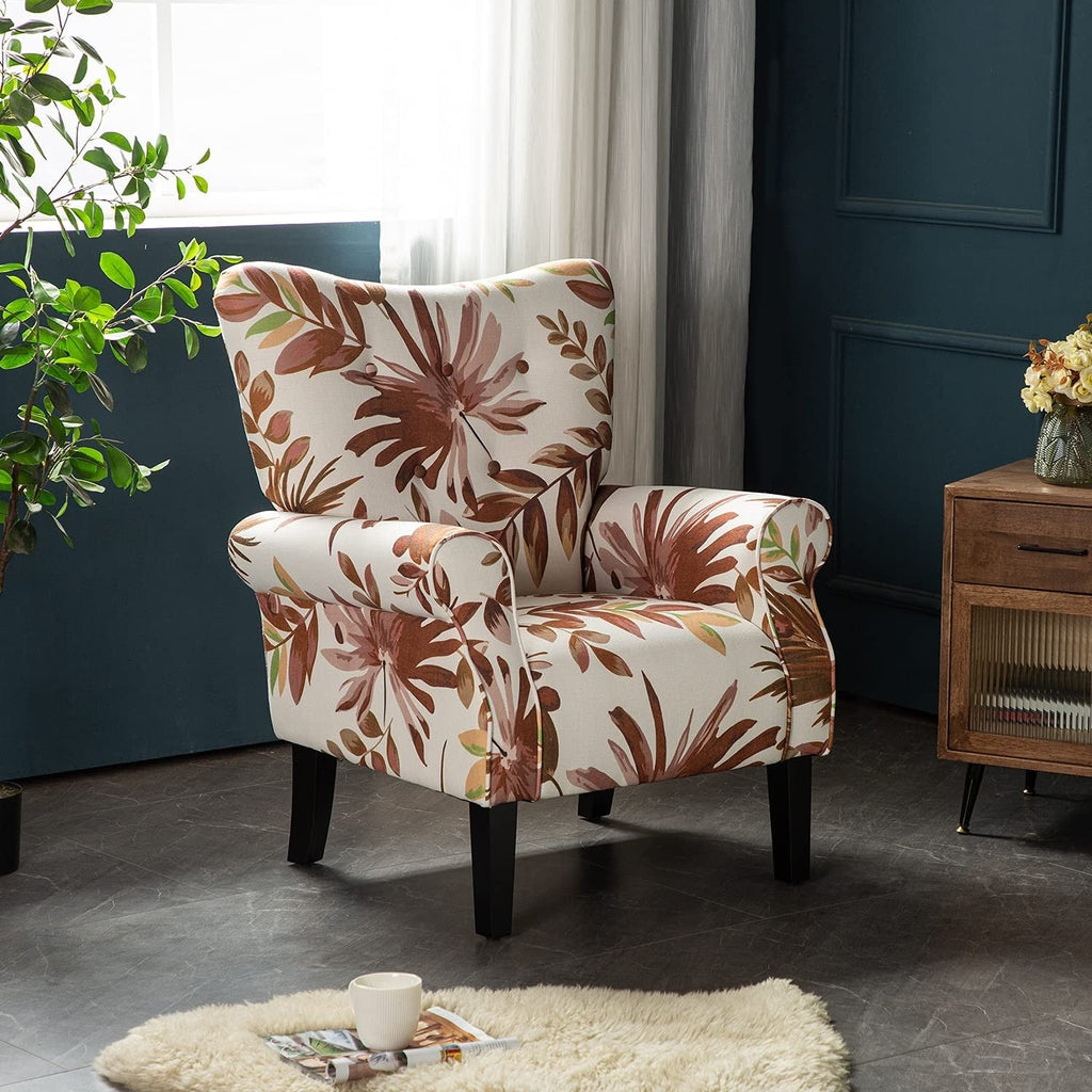 Erommy Modern Accent Chair, High Back Armchair, Upholstered Fabric Button Single Sofa with Wooden Legs for Living Room