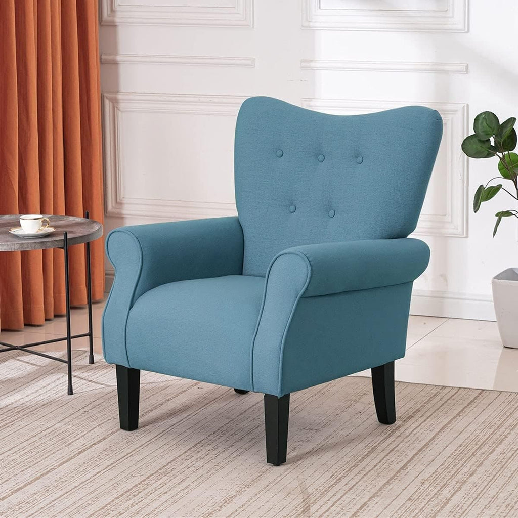 Erommy Modern Accent Chair, High Back Armchair, Upholstered Fabric Button Single Sofa with Wooden Legs for Living Room
