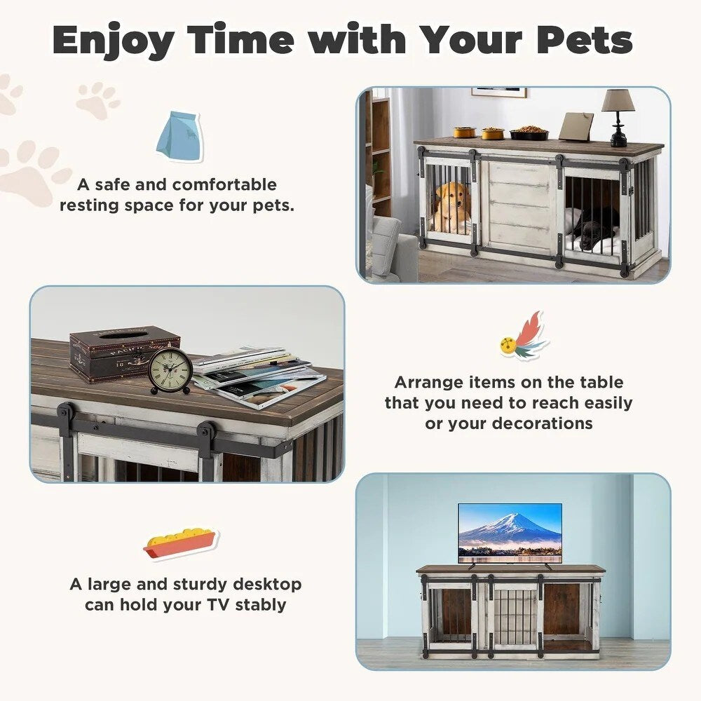 EROMMY Solid Wood Dog Crate Furniture, Indoor Dog Kennel with Sliding Door TV Cabinet, Chic Wooden Dog House, Stylish Dog Cage