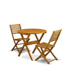 East West Furniture Outdoor Conversation Bistro Set Contains a Round Wood Coffee Table and 2 Folding Side Chairs, Natural Oil