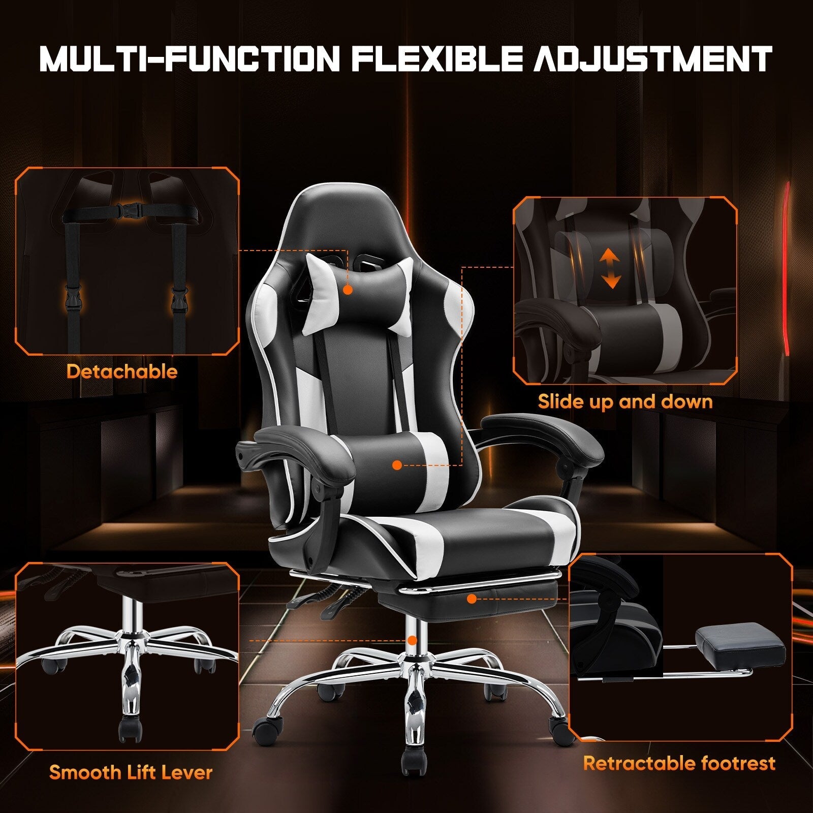 Ergonomic PU Leather 360° Swivel Gaming Recliner with Footrest, Headrest, Lumbar Support, Adjustable Height