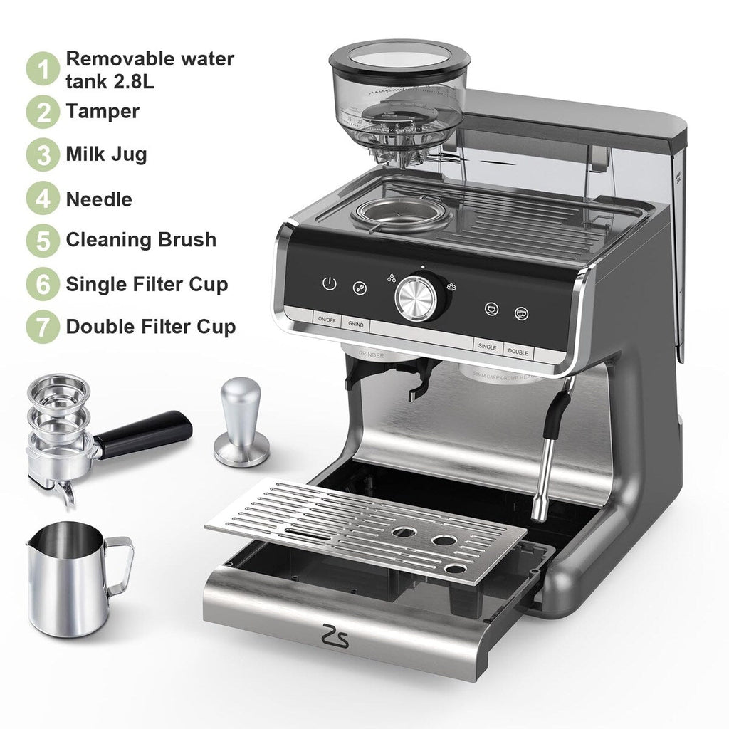 Espresso Coffee Maker, with Grinder, 2.8 L Water Tank