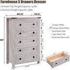 48 Tall Farmhouse 5 Drawer Wood Dresser, Chest of Drawers for Bedroom