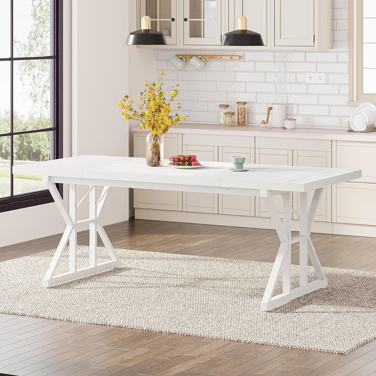 Farmhouse Dining Table for 6 People, 70.8-Inch Rectangular Wood Kitchen Table