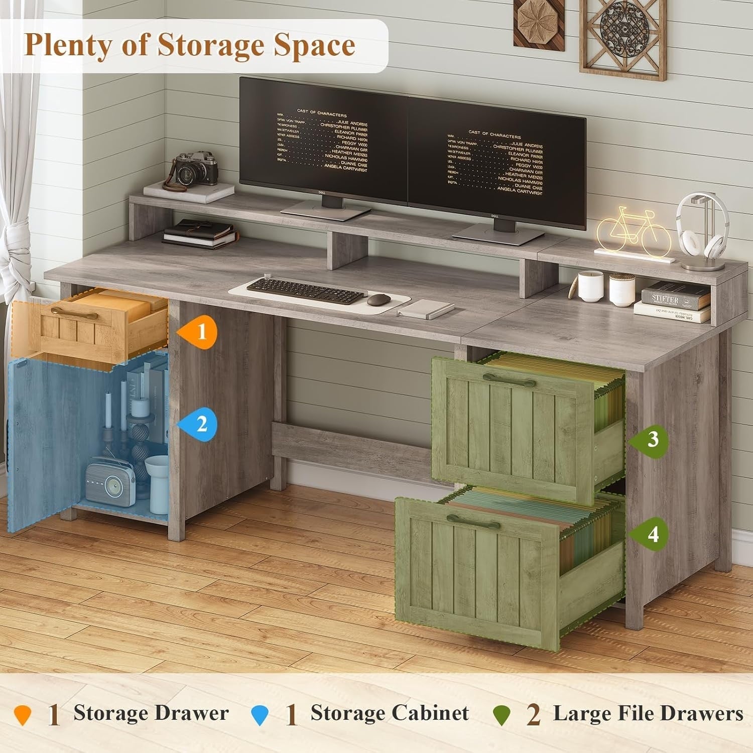 Farmhouse Executive Desk Home Office Desk File Drawer Monitor Stand Power Outlet