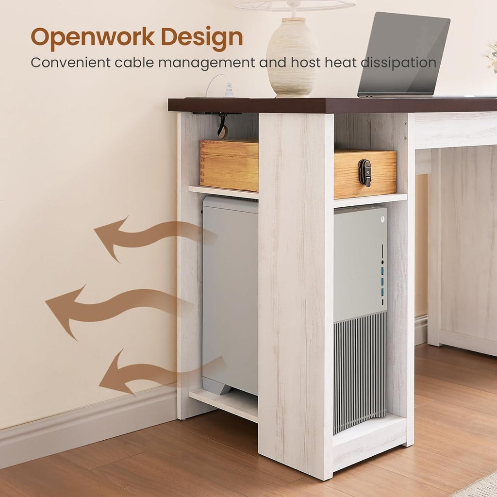 Farmhouse Executive Desk Home Office Desk File Drawer Monitor Stand Power Outlet