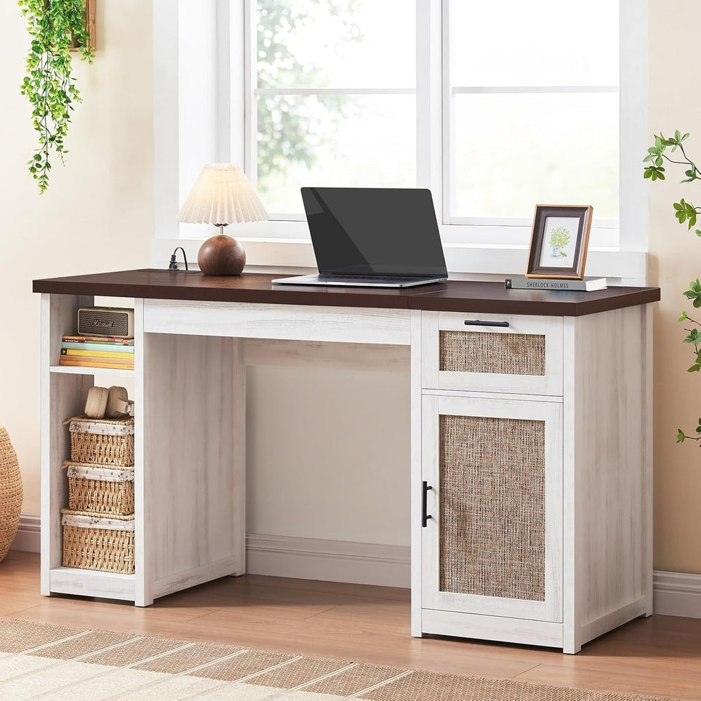 Farmhouse Executive Desk Home Office Desk File Drawer Monitor Stand Power Outlet