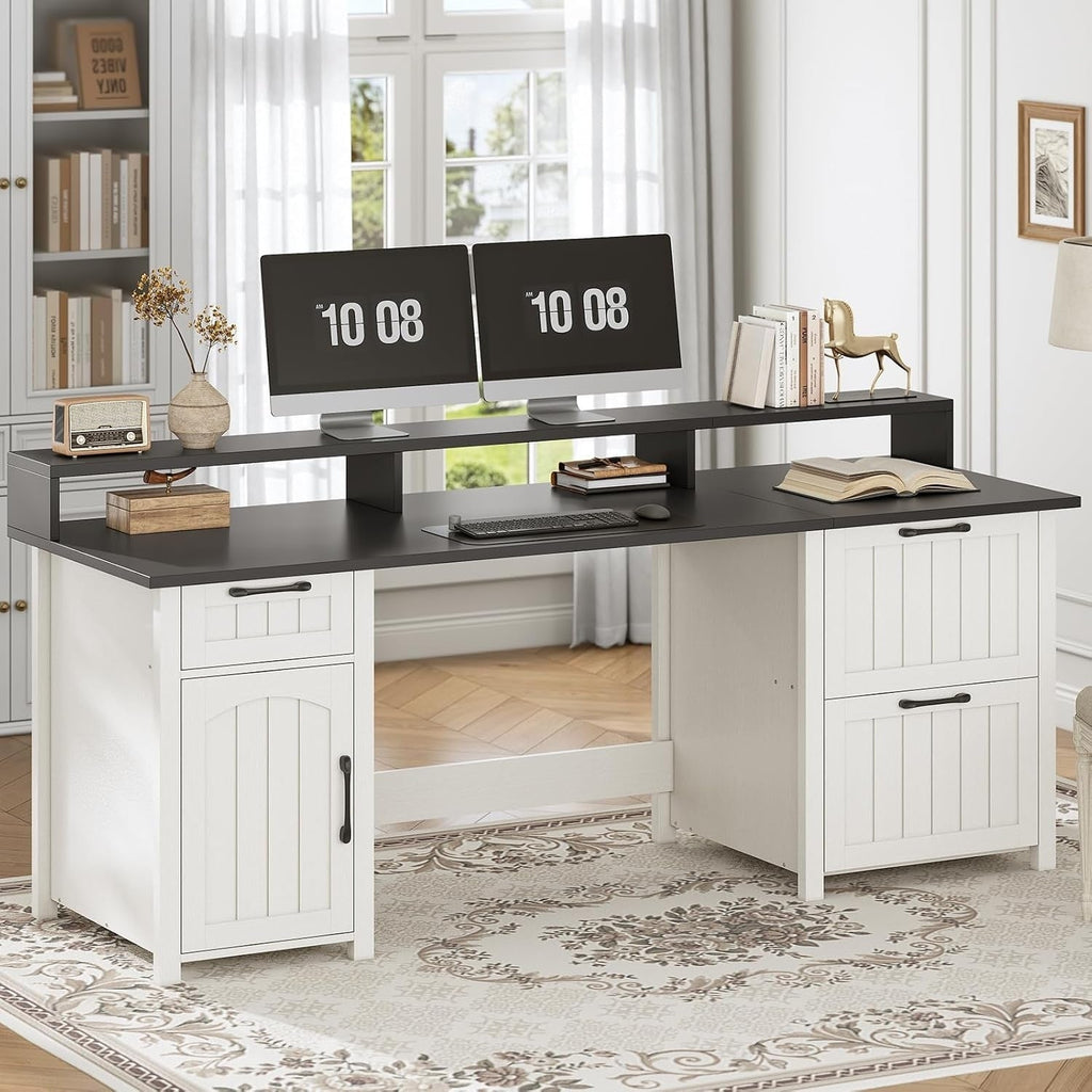 Farmhouse Executive Desk Home Office Desk File Drawer Monitor Stand Power Outlet