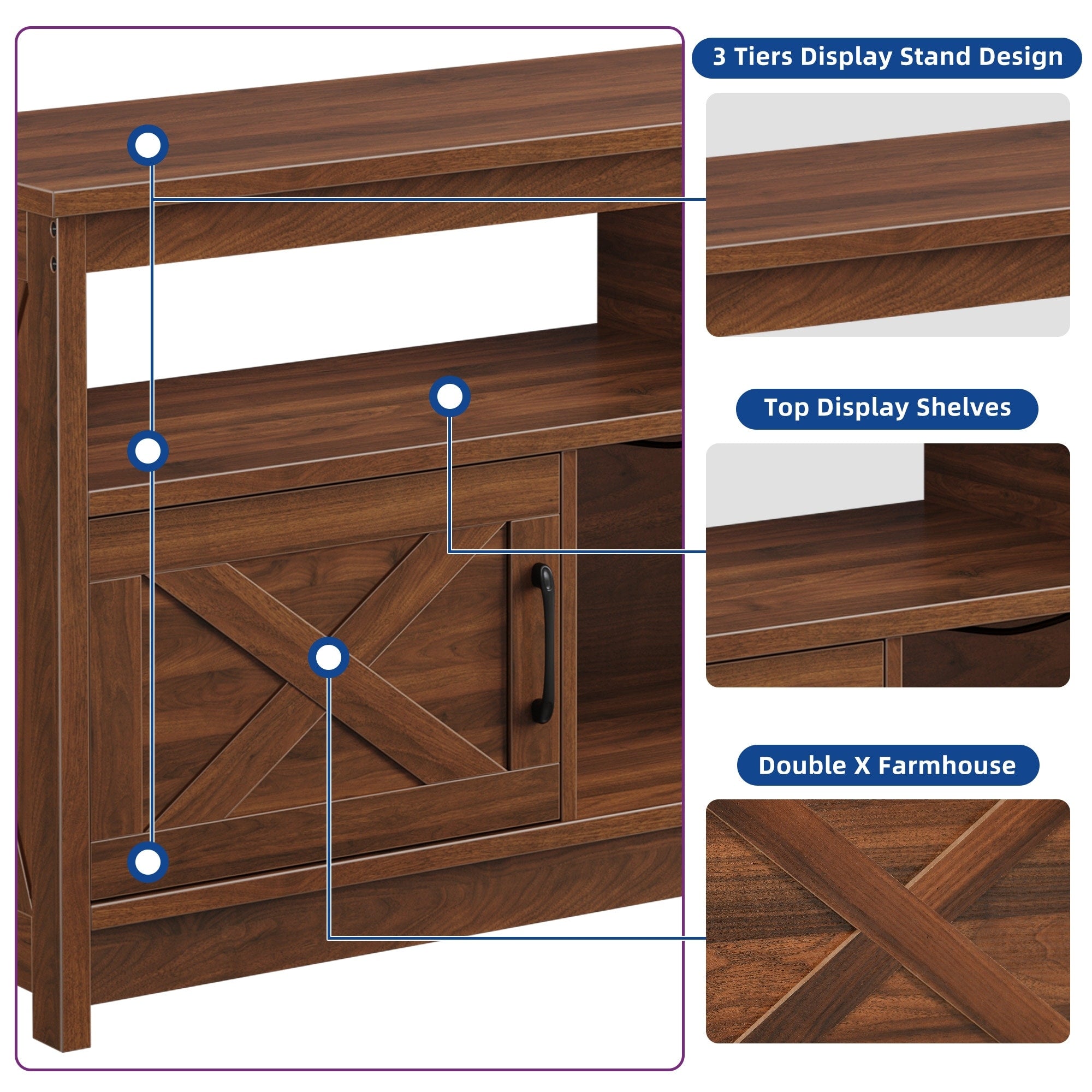 Farmhouse TV Stand for up to 65 TV with Doors and Open Shelves Media Console Power Outlet