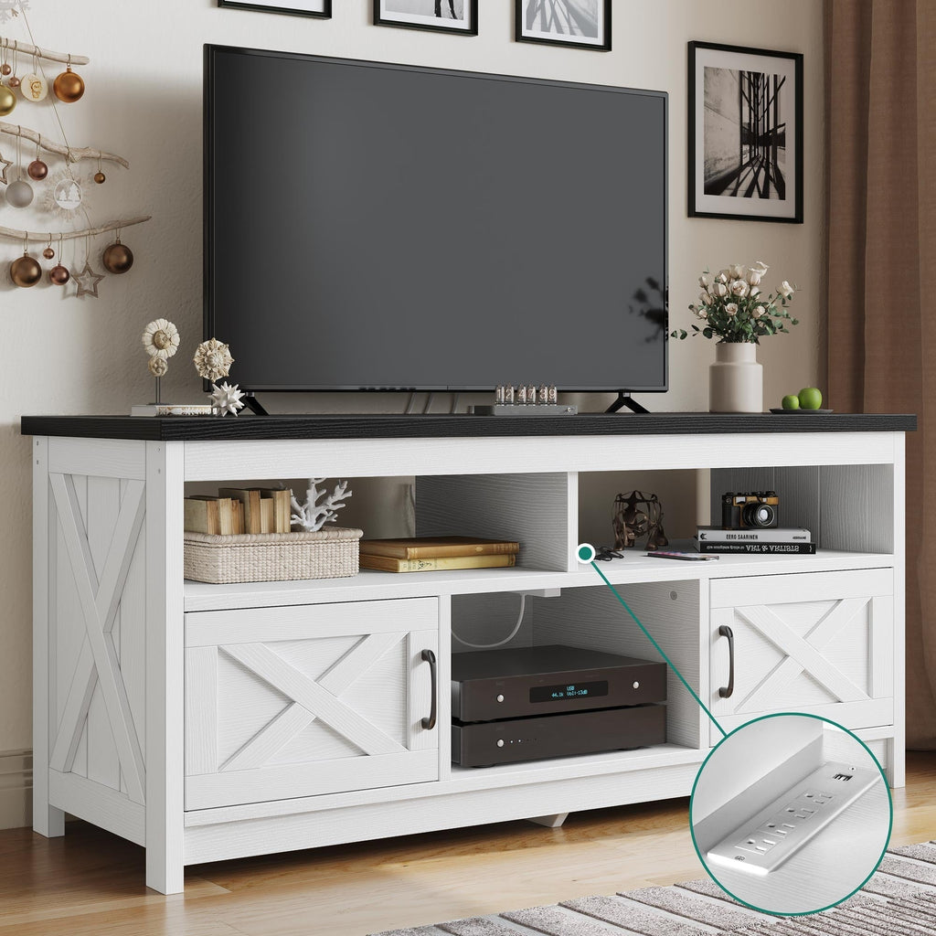 Farmhouse TV Stand for up to 65 TV with Doors and Open Shelves Media Console Power Outlet