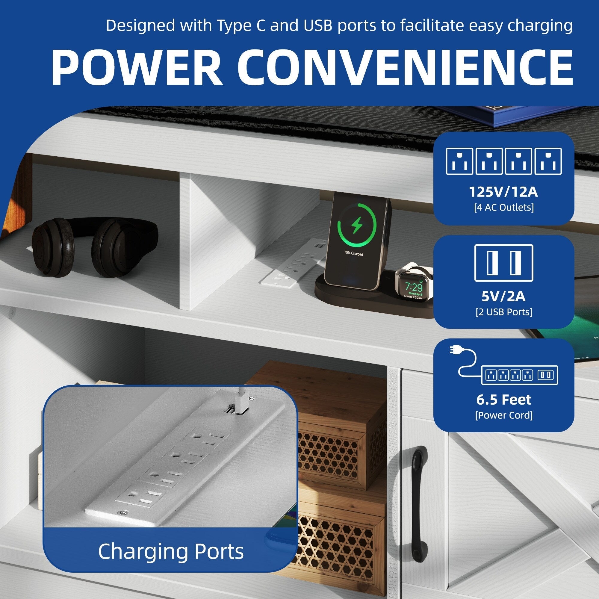 Farmhouse TV Stand for up to 65 TV with Doors and Open Shelves Media Console Power Outlet